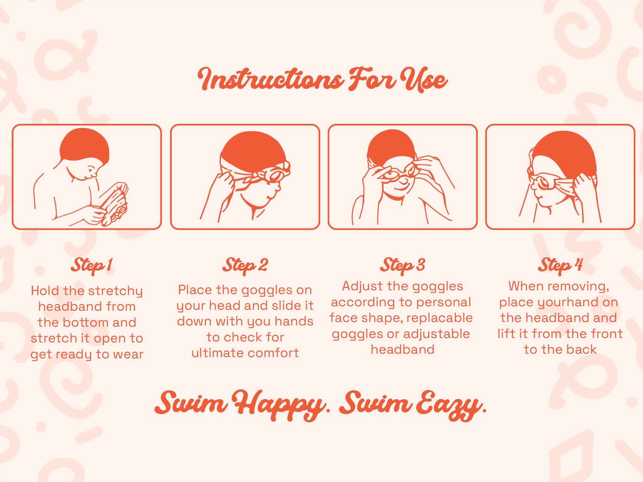Step by step instructions for using Swimeazy swimming headband with goggles or masks
